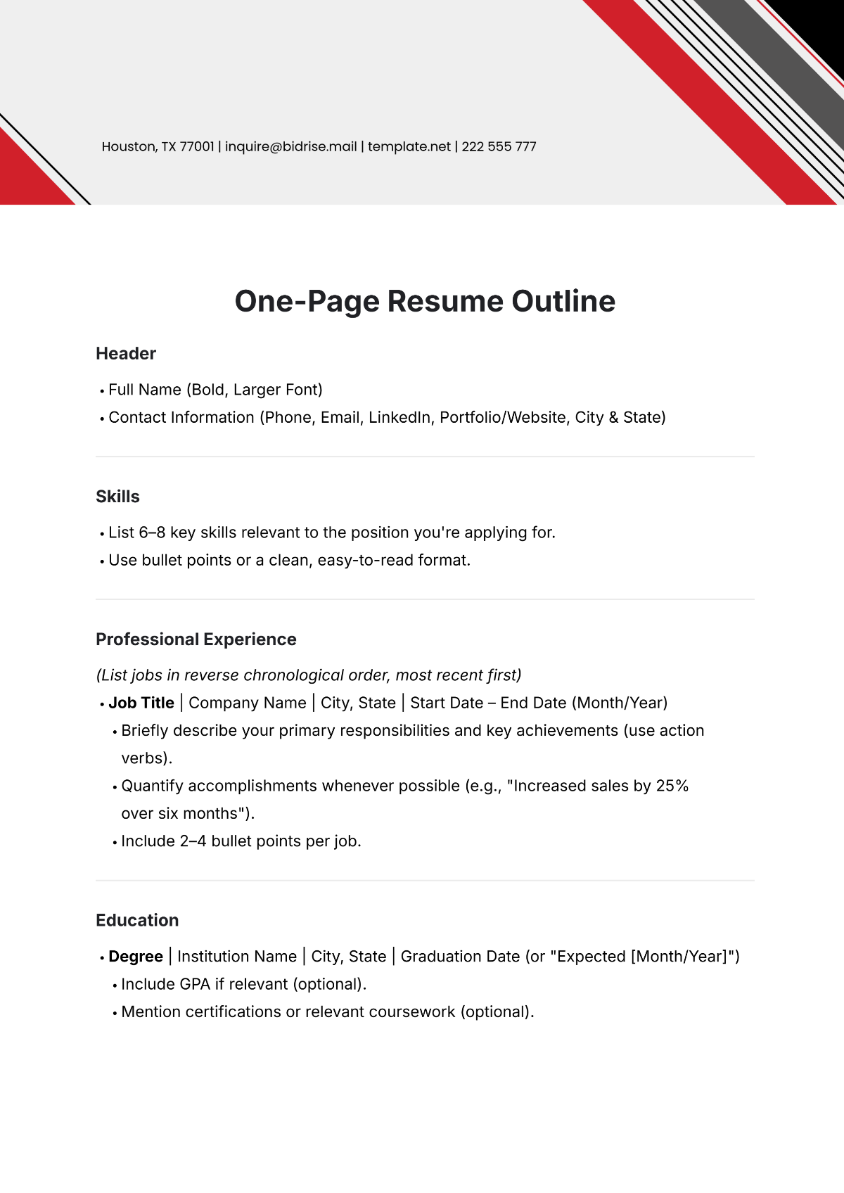 One-Page Resume Outline Template - Edit Online & Download