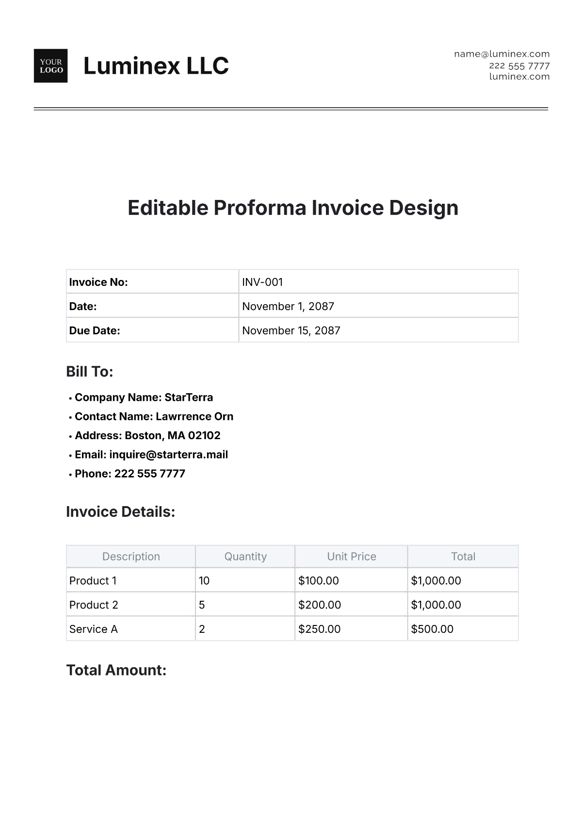 Editable Proforma Invoice Design Template - Edit Online & Download