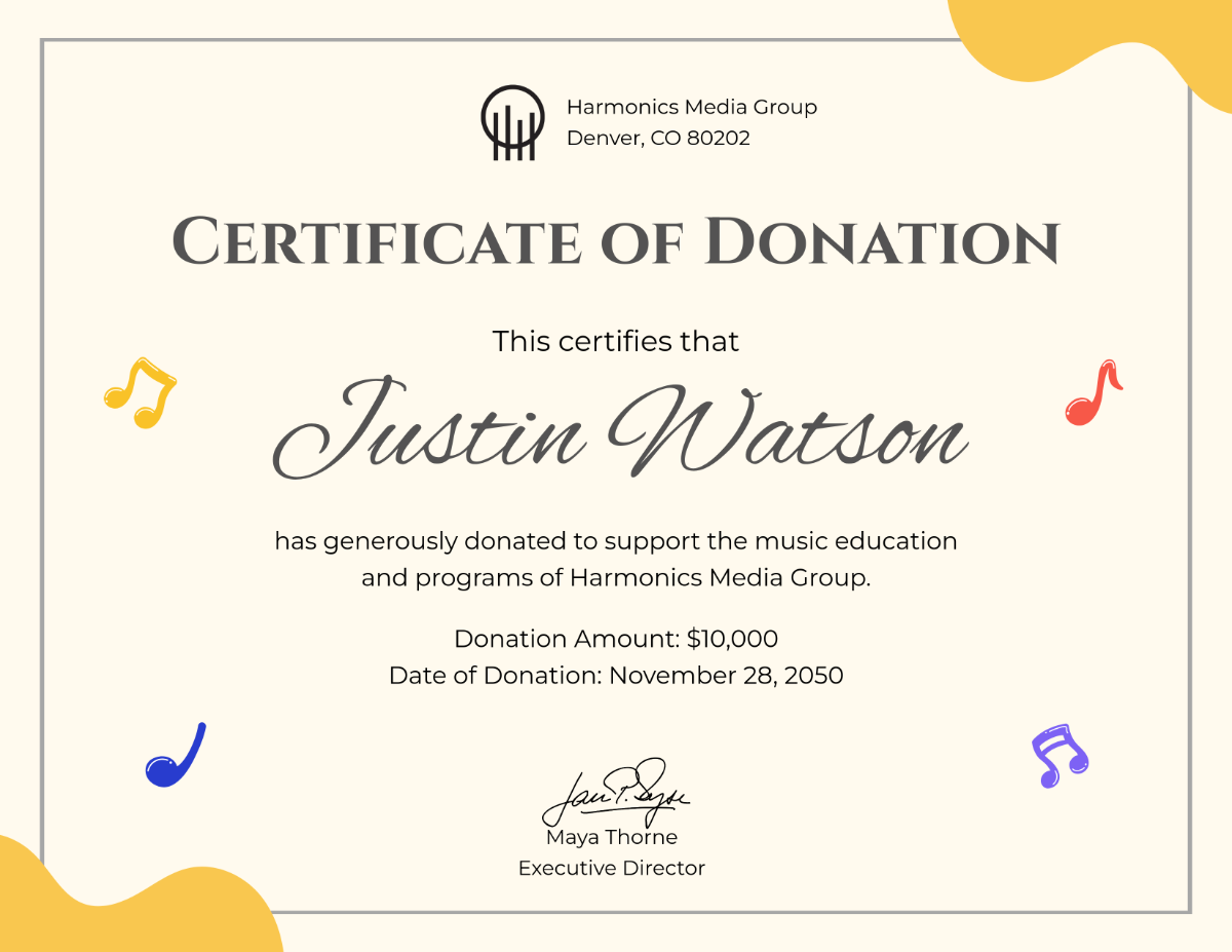 Donation Certificate for Music Donations Template - Edit Online & Download