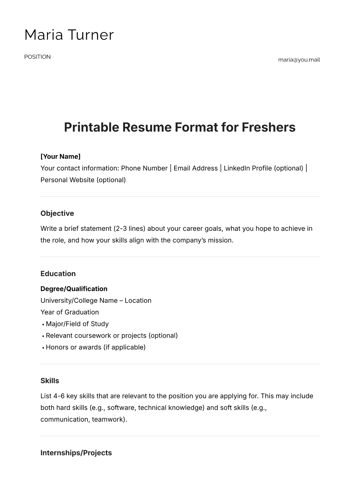 Printable Resume Format Template for Freshers - Edit Online & Download