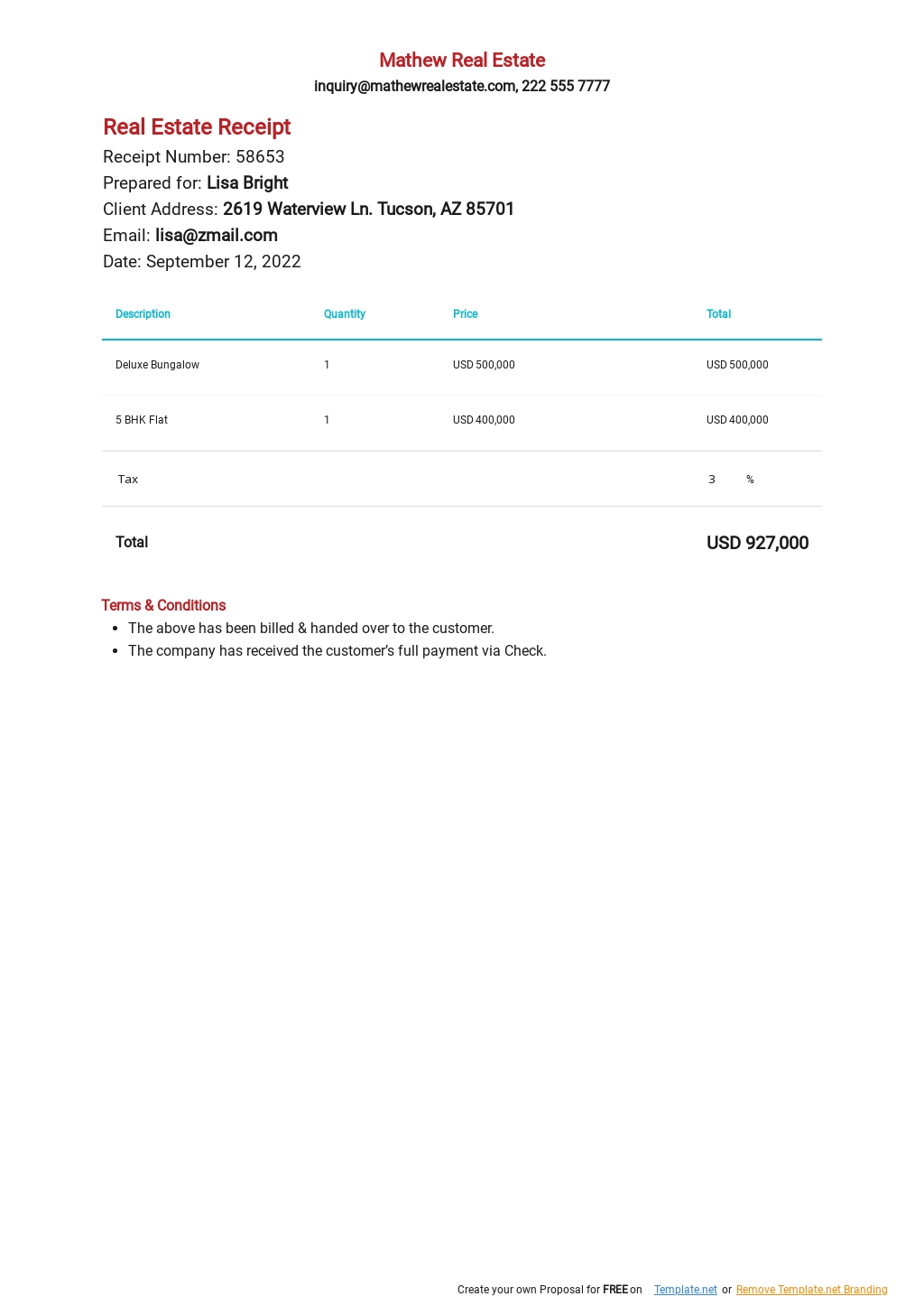 Real Estate Payment Receipt Template