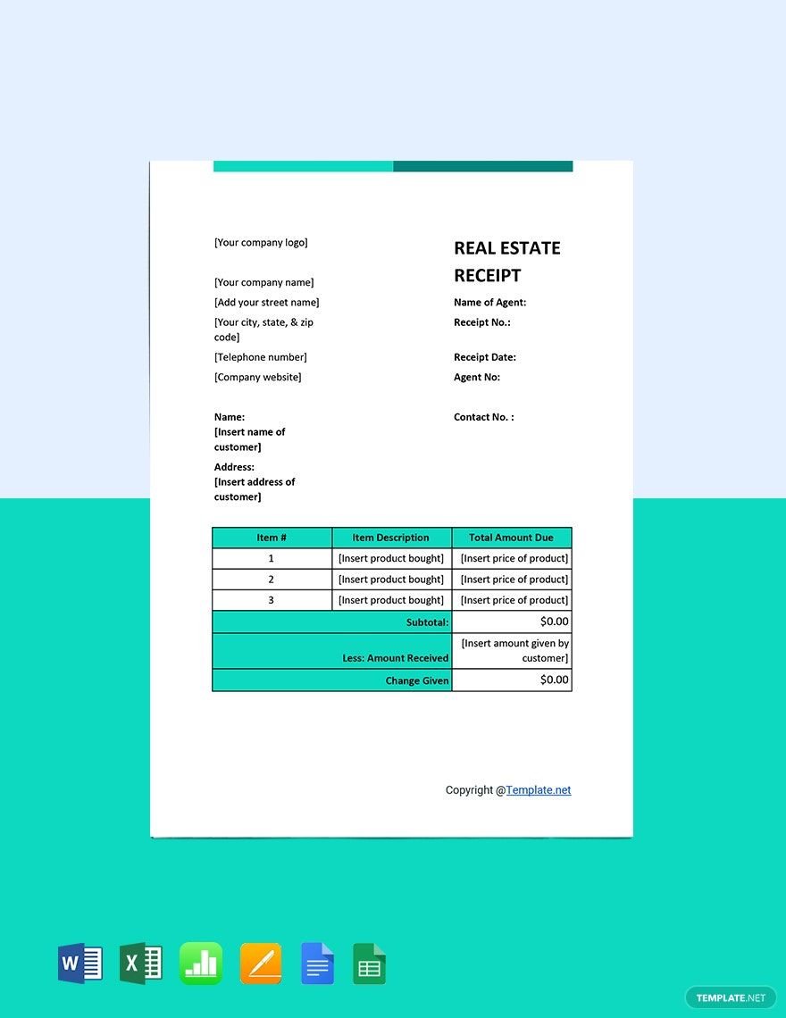 Sample Real Estate Receipt Template in Word, Google Docs, Excel, Google Sheets, Apple Pages, Apple Numbers