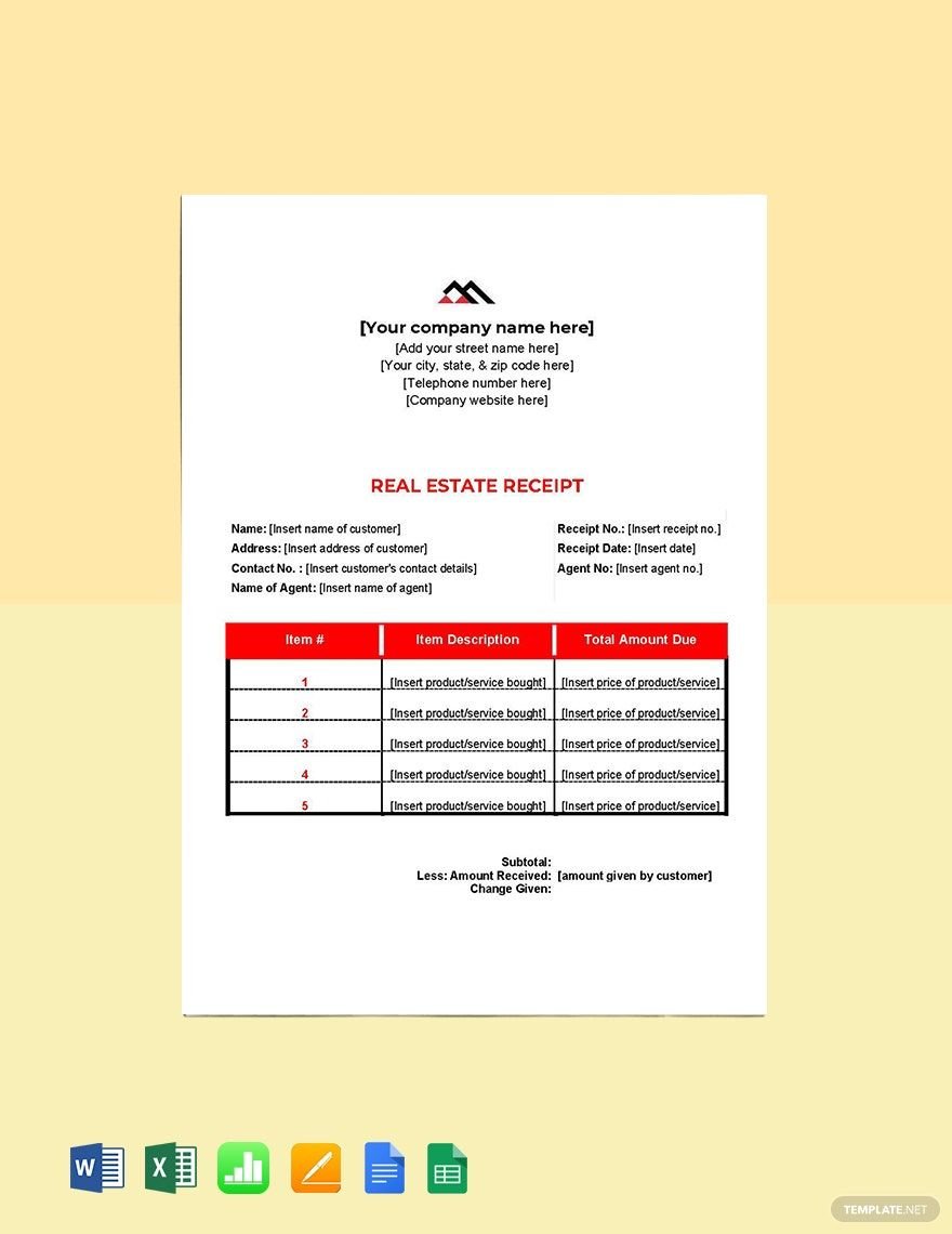 Blank Real Estate Receipt Template in Word, Google Docs, Excel, Google Sheets, Apple Pages, Apple Numbers