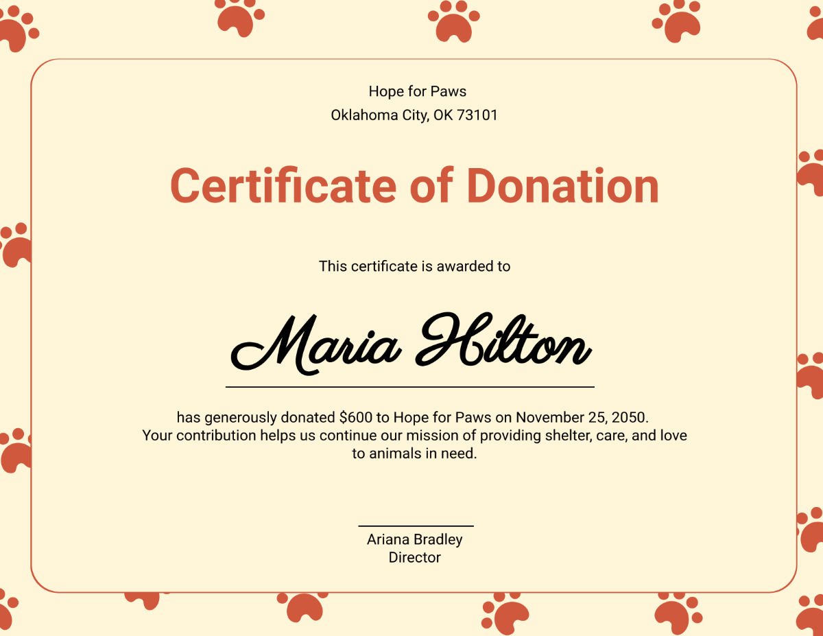 Donation Certificate for Animal Shelter Template - Edit Online & Download