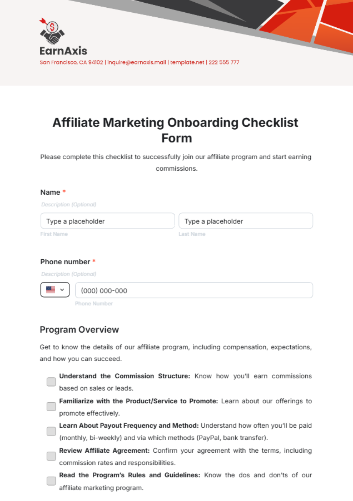 Affiliate Marketing Onboarding Checklist Form Template - Edit Online & Download