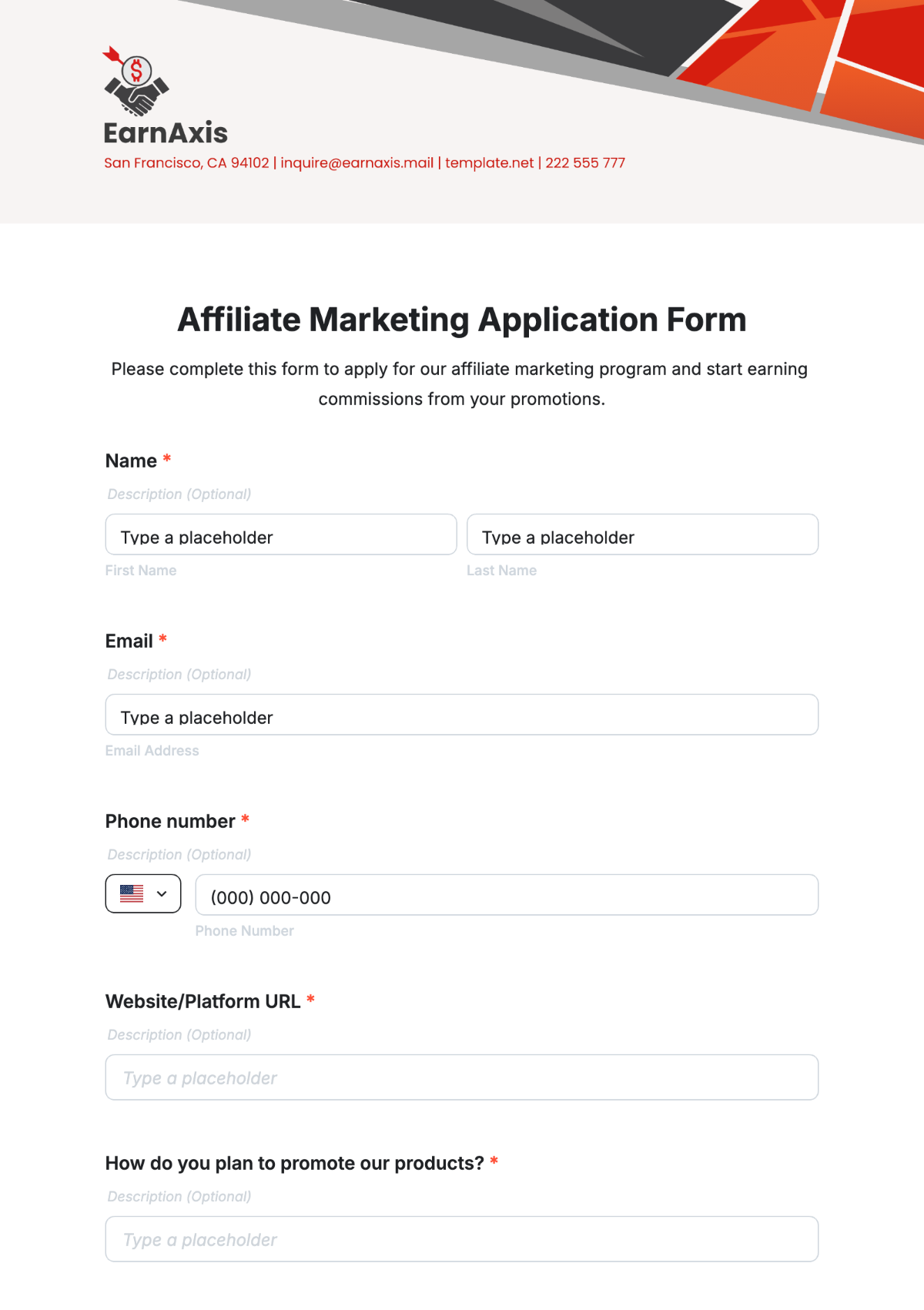 Affiliate Marketing Application Form Template - Edit Online & Download