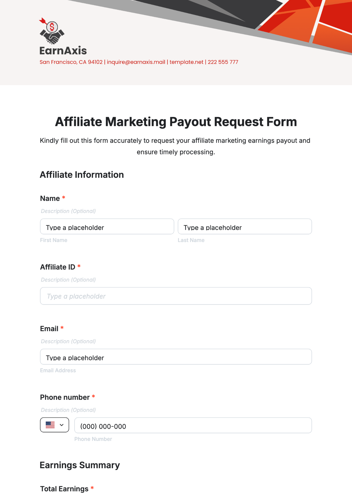 Affiliate Marketing Payout Request Form Template - Edit Online & Download