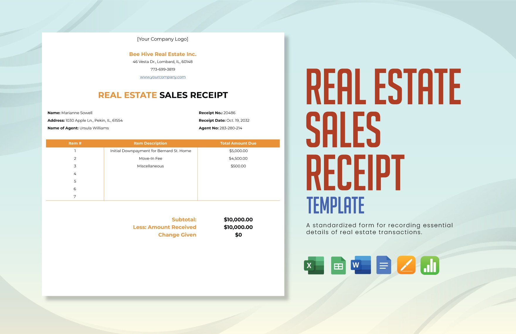 Real Estate Sales Receipt Template in Word, Google Docs, Excel, Google Sheets, Apple Pages, Apple Numbers
