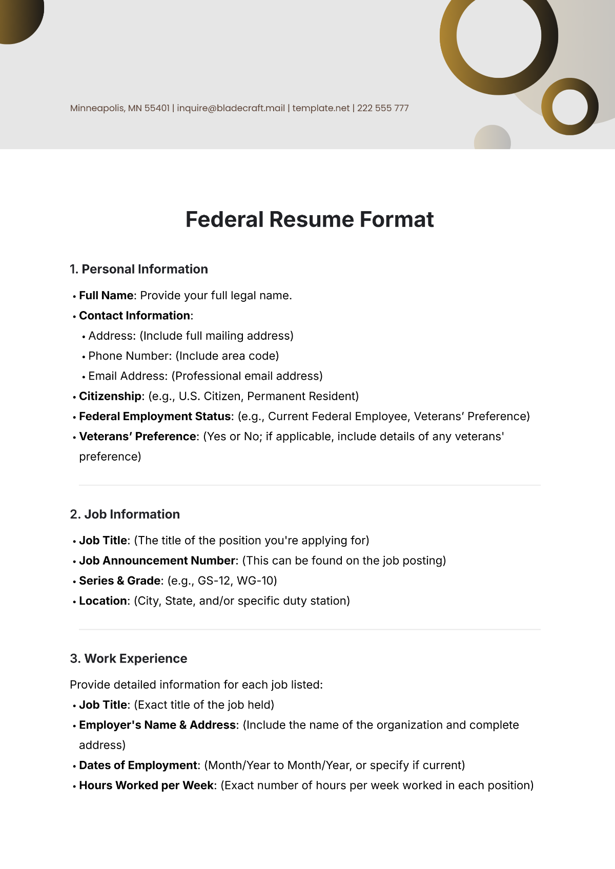 Federal Resume Format Template - Edit Online & Download