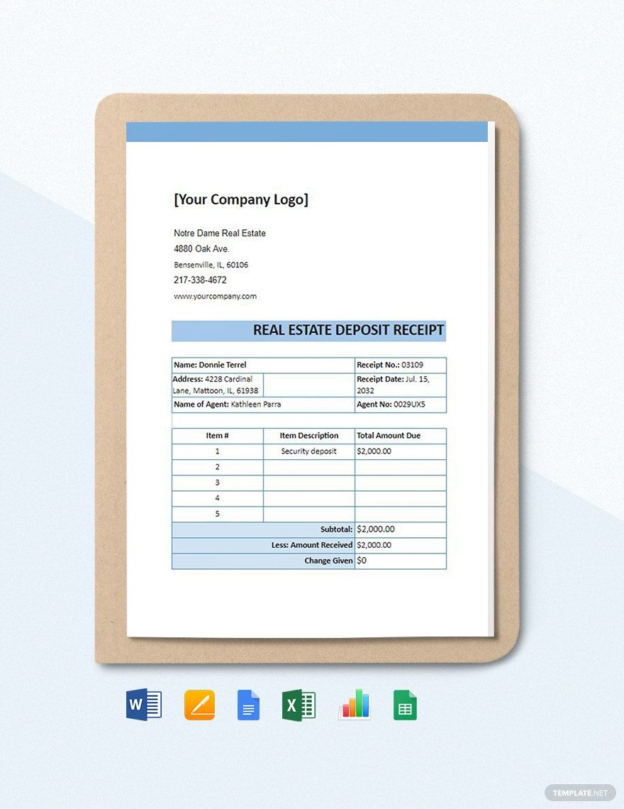 Real Estate Deposit Receipt Template in Word, Google Docs, Excel, Google Sheets, Apple Pages, Apple Numbers