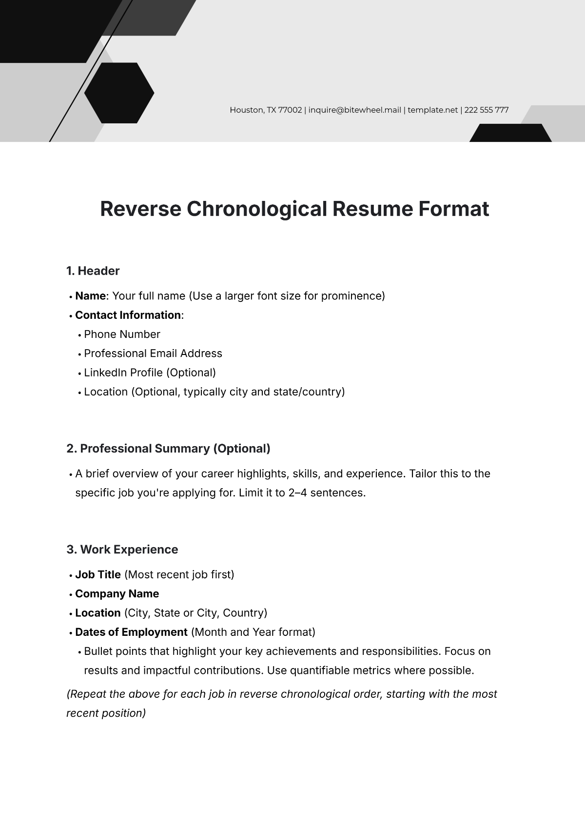 Reverse Chronological Resume Format Template - Edit Online & Download