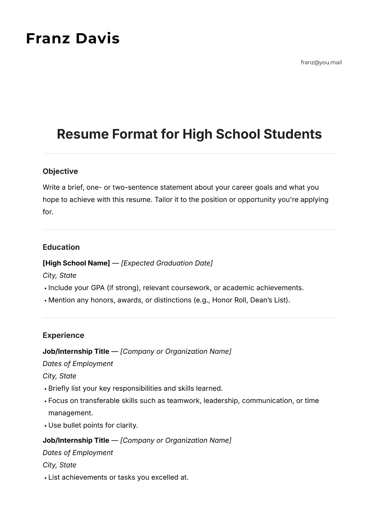 Resume Format for High School Students Template - Edit Online & Download