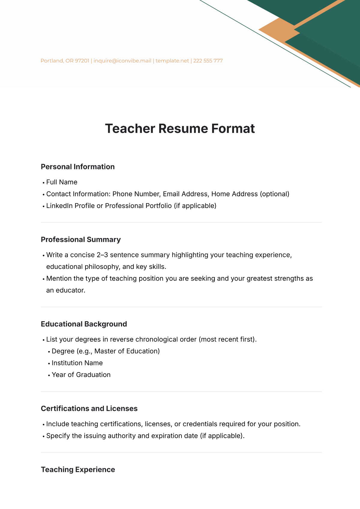 Teacher Resume Format Template - Edit Online & Download