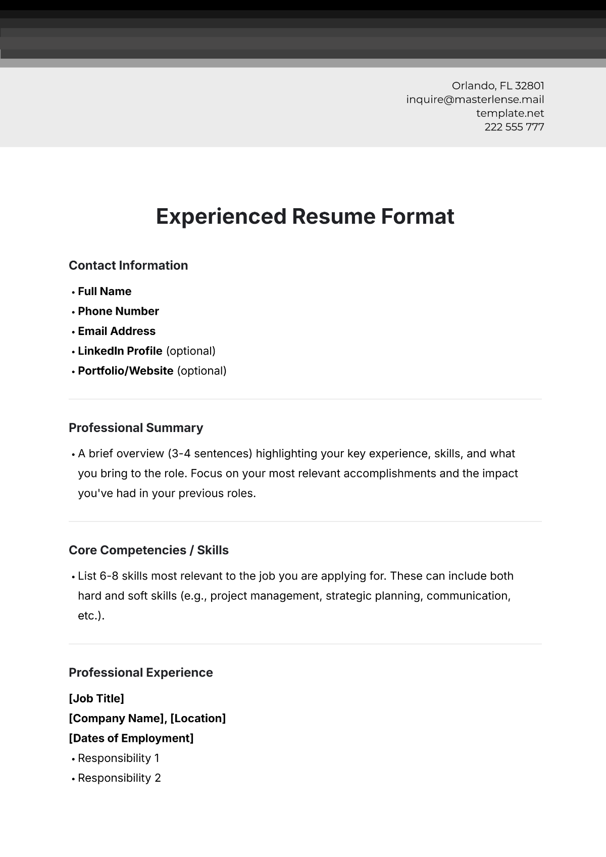 Experienced Resume Format Template - Edit Online & Download