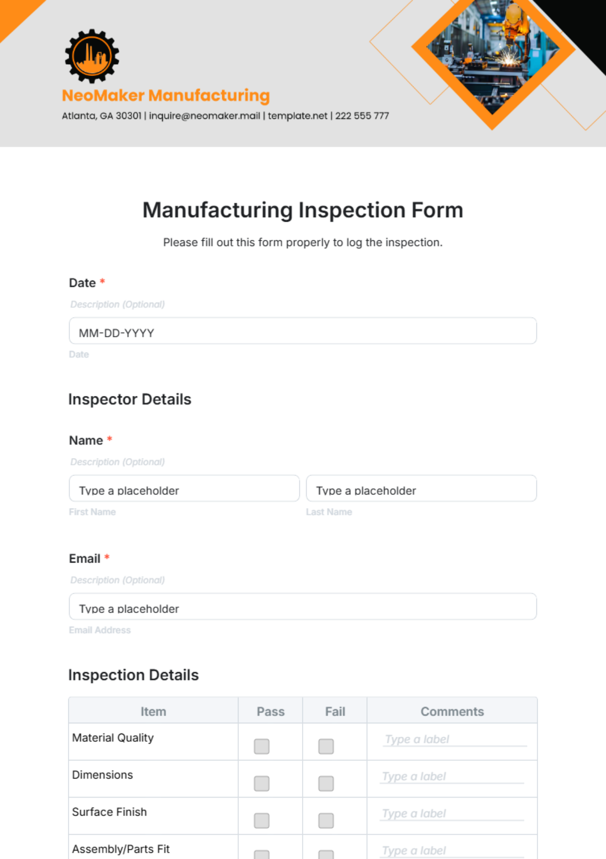 Manufacturing Inspection Form Template - Edit Online & Download