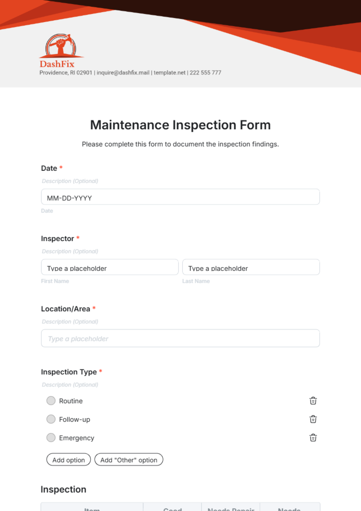 Maintenance Inspection Form Template - Edit Online & Download