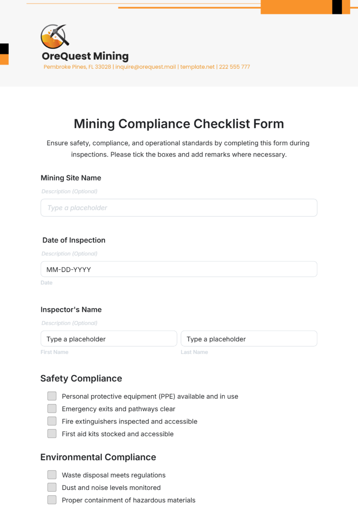 Mining Compliance Checklist Form Template - Edit Online & Download