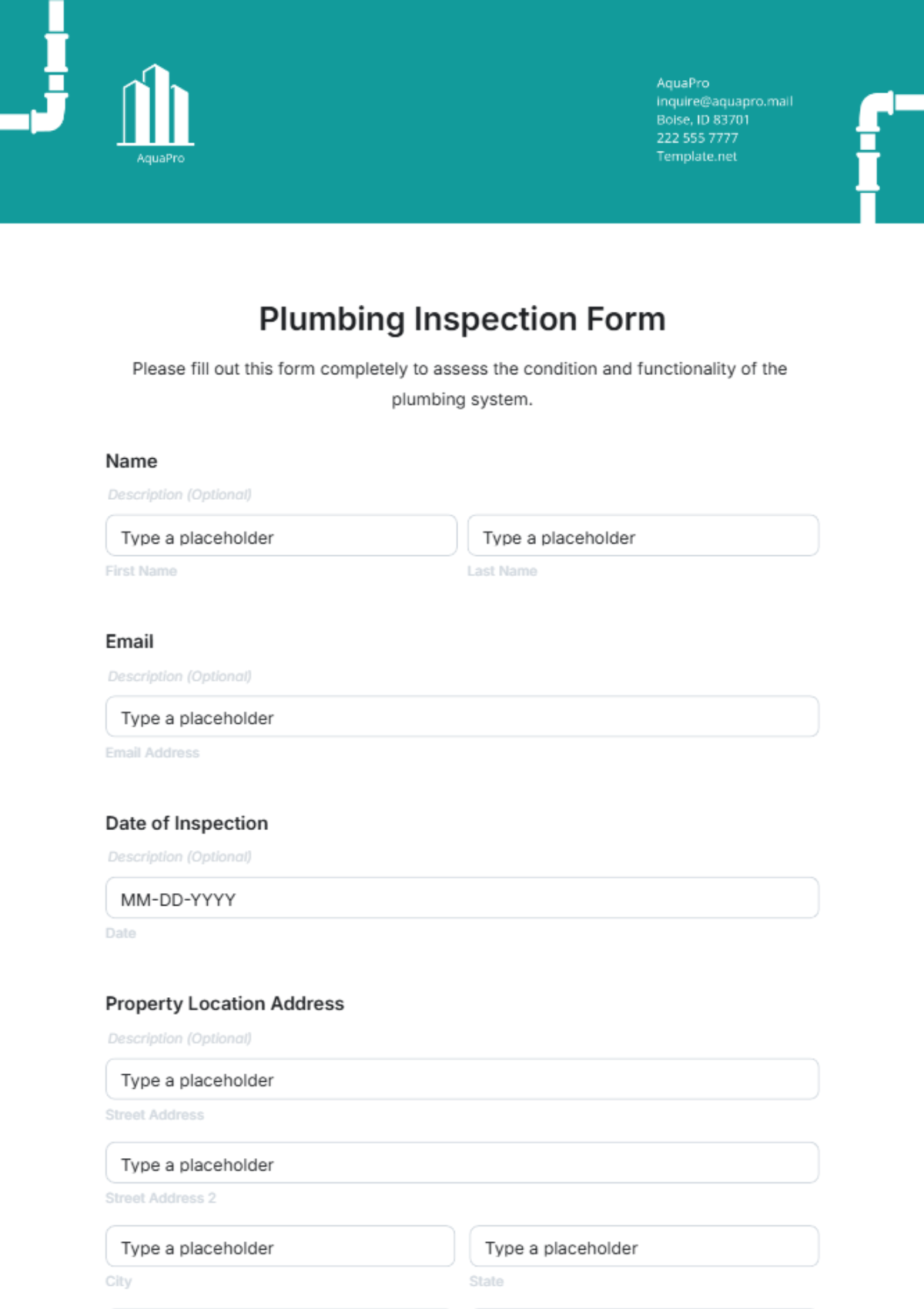 Plumbing Inspection Form Template - Edit Online & Download