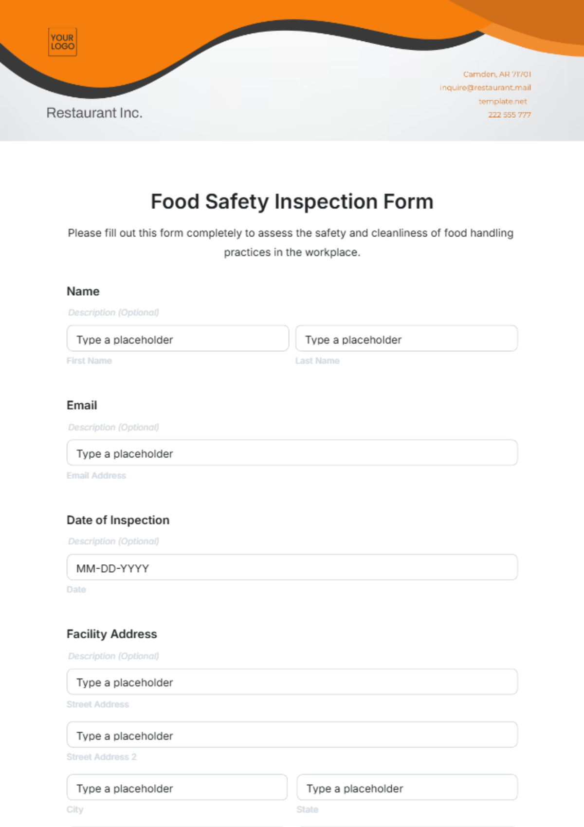 Food Safety Inspection Form Template - Edit Online & Download