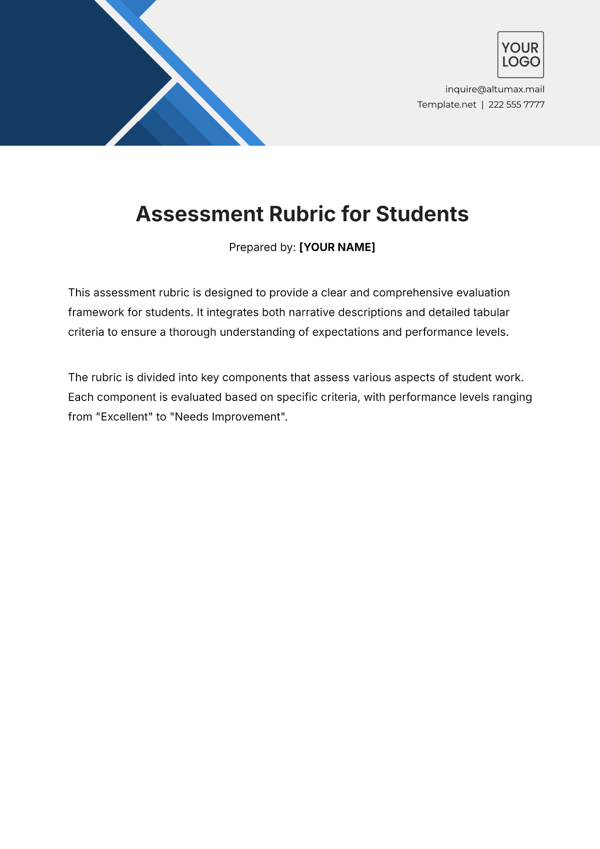 Free Assessment Rubric for Students Template