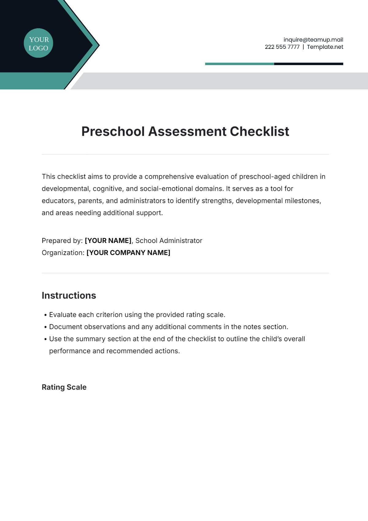 Preschool Assessment Checklist Template - Edit Online & Download