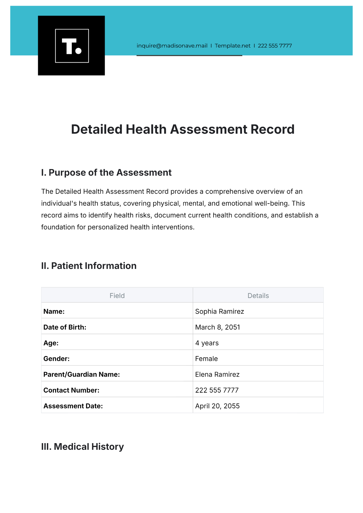 Free Detailed Health Assessment Record Template