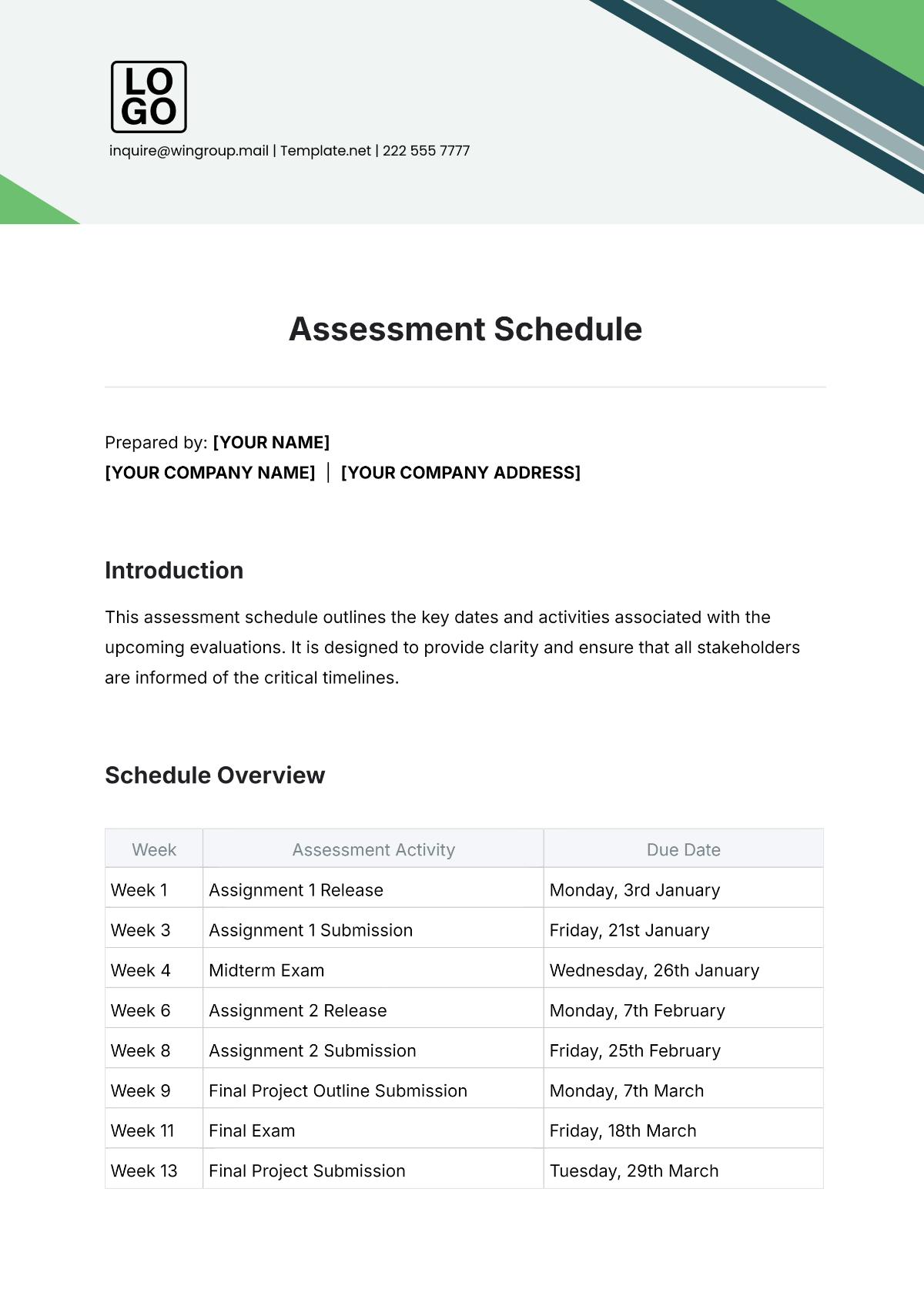 Free Assessment Schedule Template