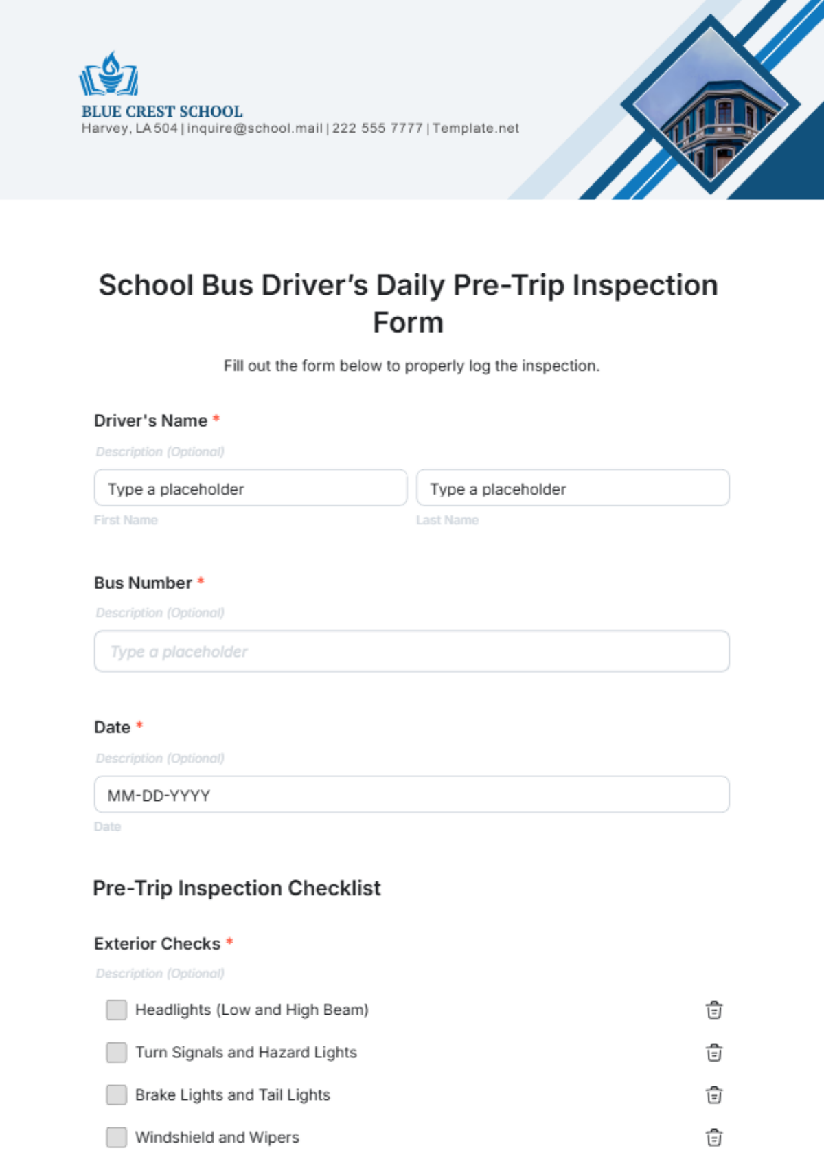 School Bus Driver’s Daily Pre-Trip Inspection Form Template - Edit Online & Download