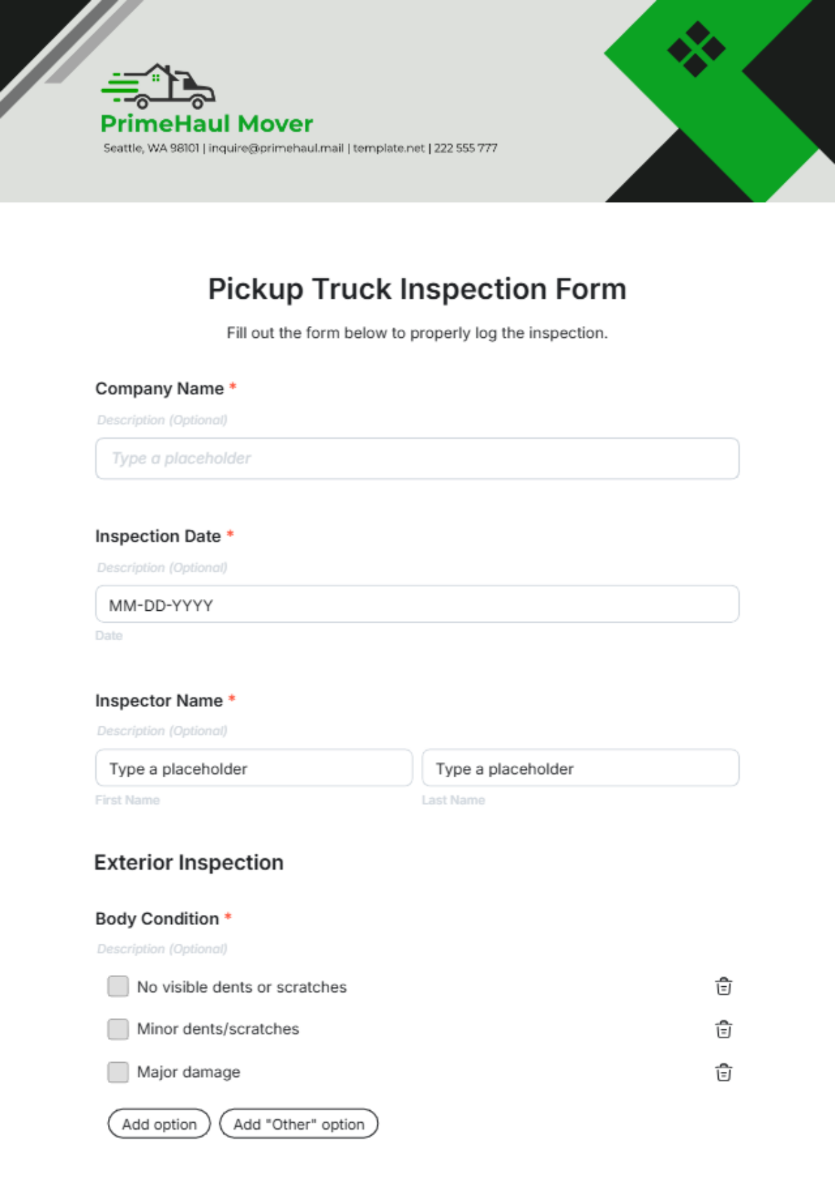 Pickup Truck Inspection Form Template - Edit Online & Download