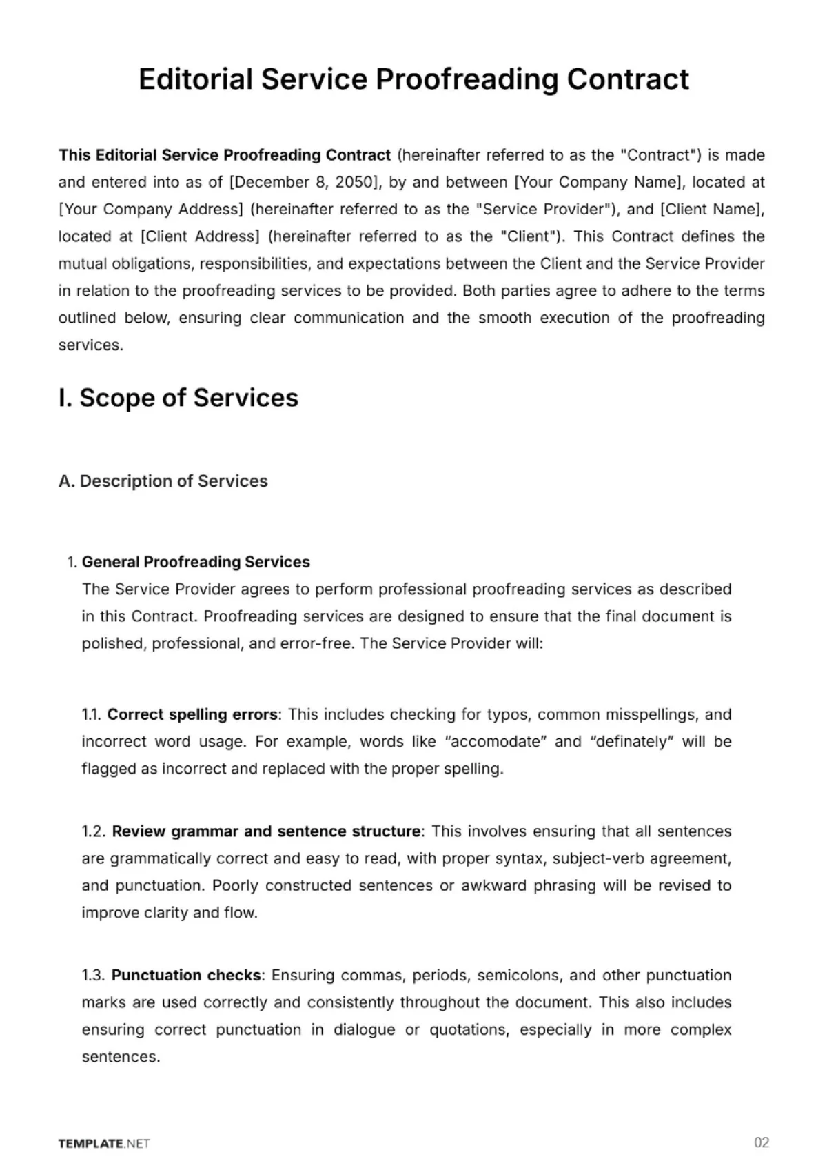 Free Editorial Service Proofreading Contract Template to Edit Online