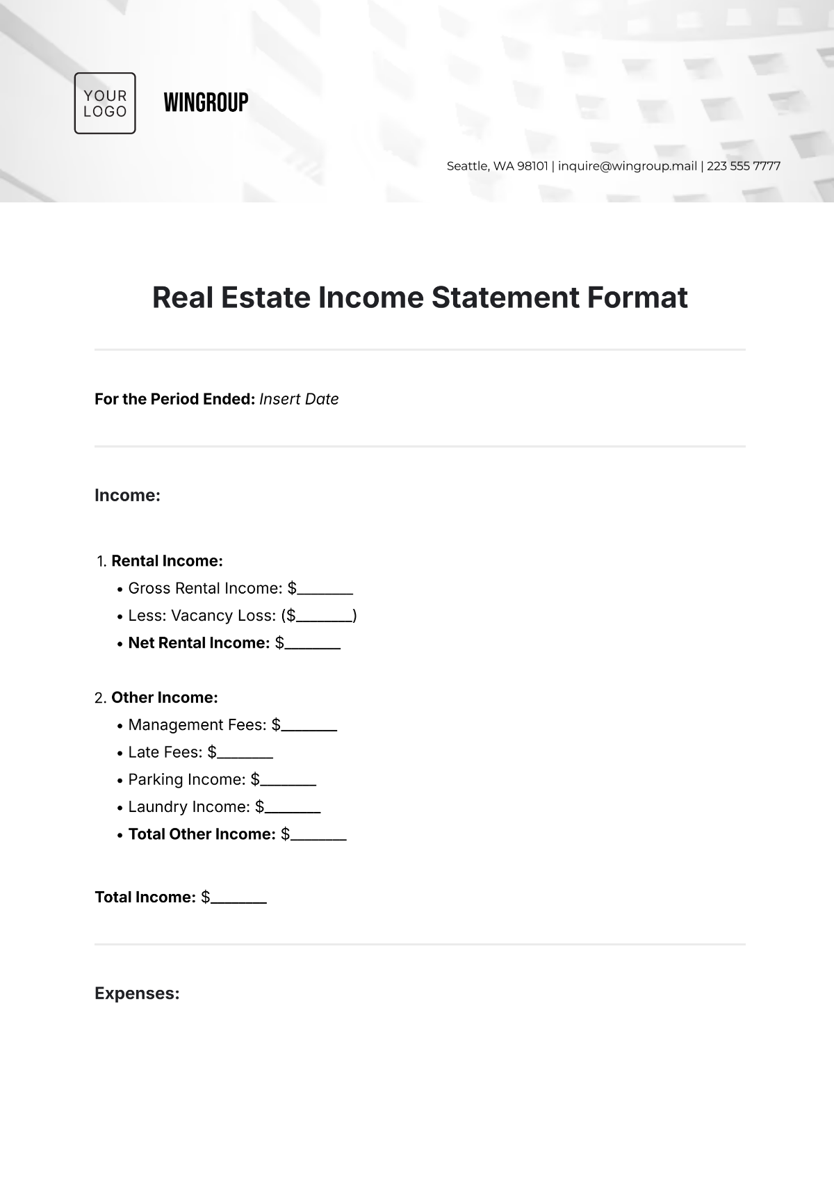 Real Estate Income Statement Format Template - Edit Online & Download