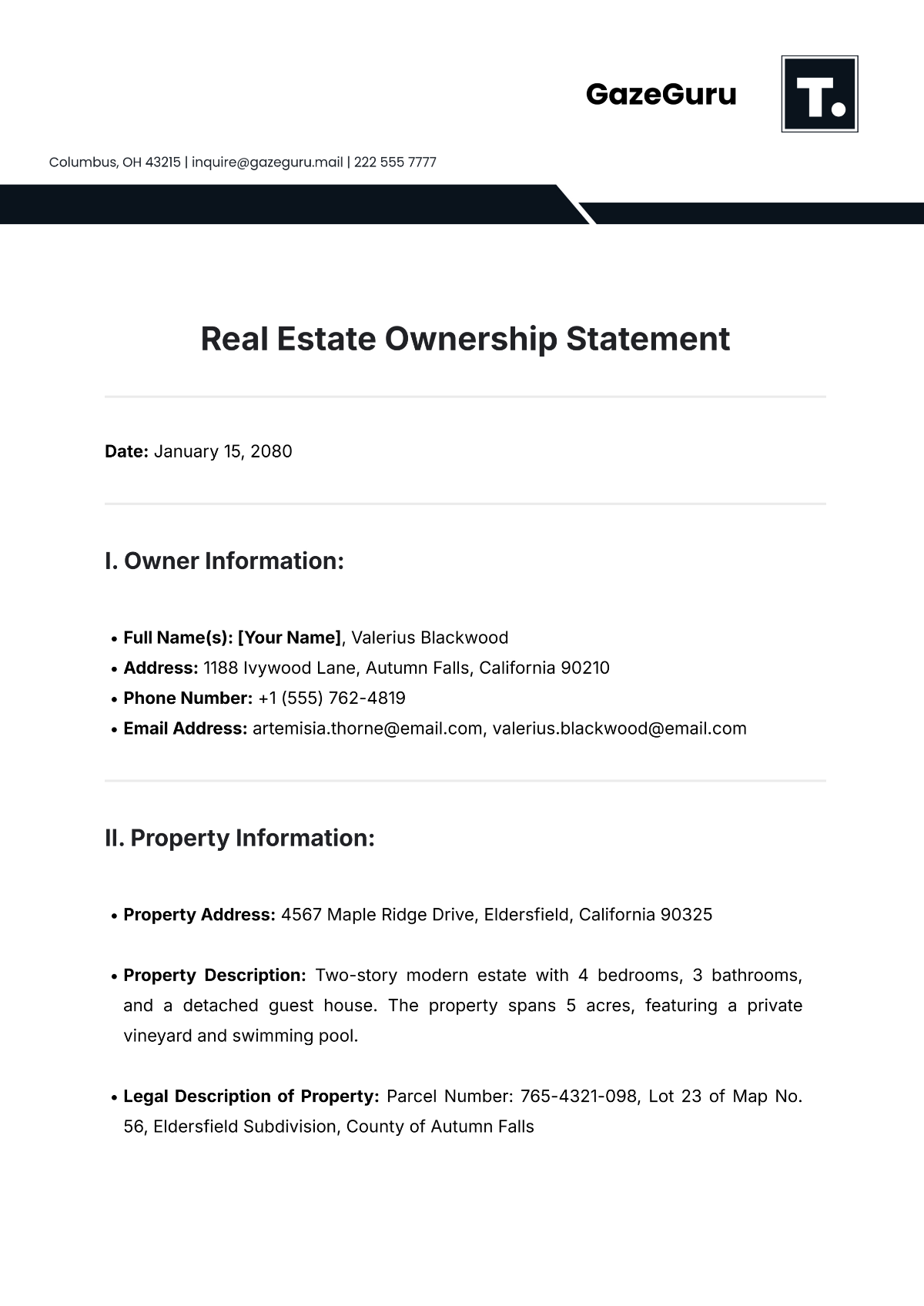 Real Estate Ownership Statement Template - Edit Online & Download