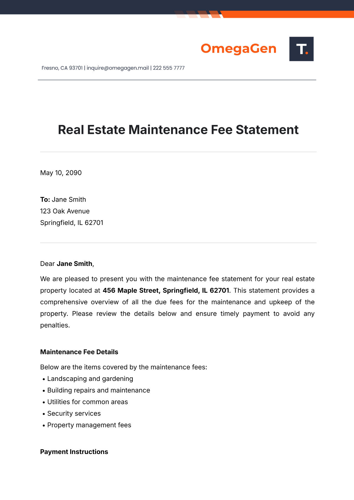 Real Estate Maintenance Fee Statement Template - Edit Online & Download