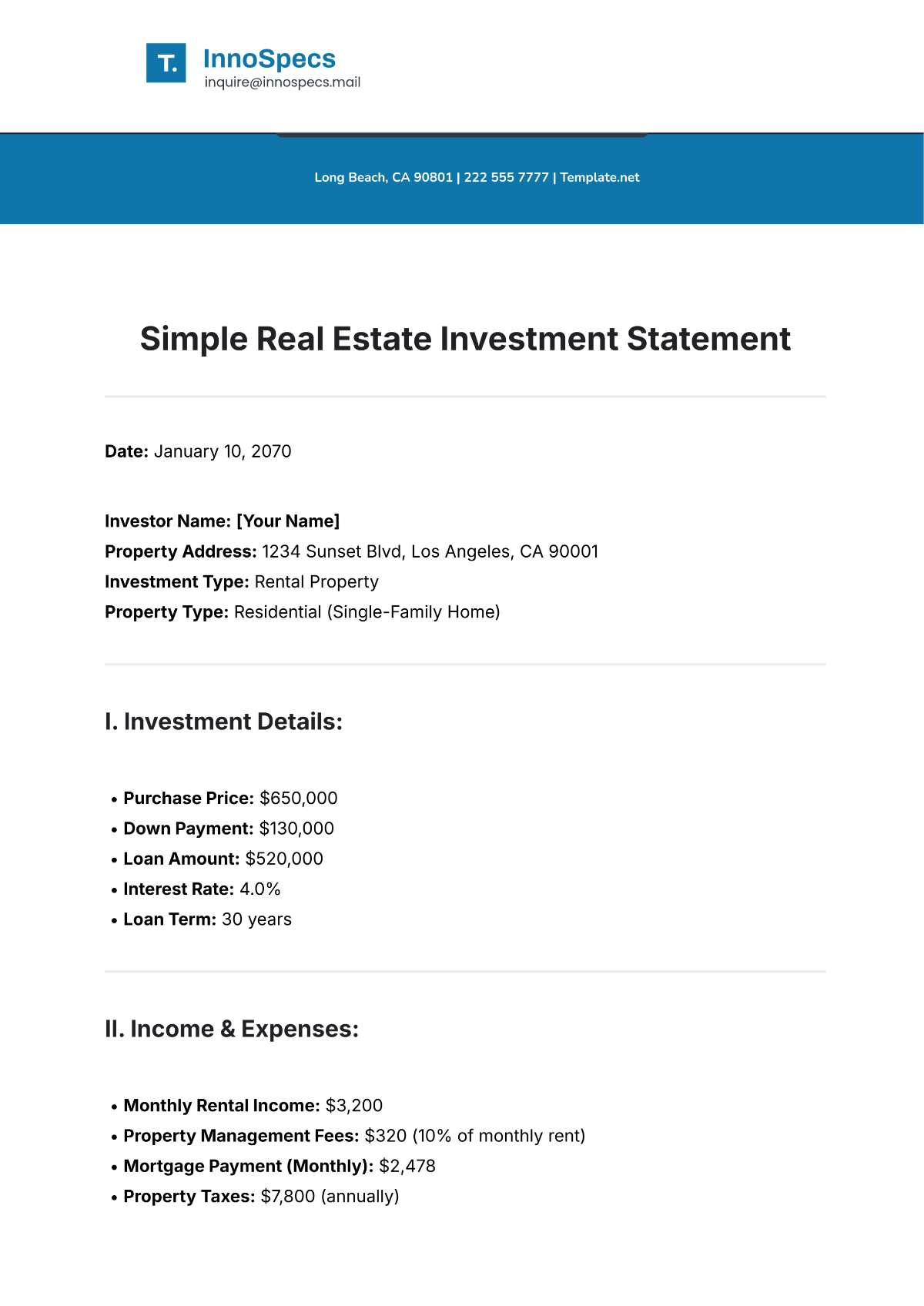 Simple Real Estate Investment Statement Template - Edit Online & Download