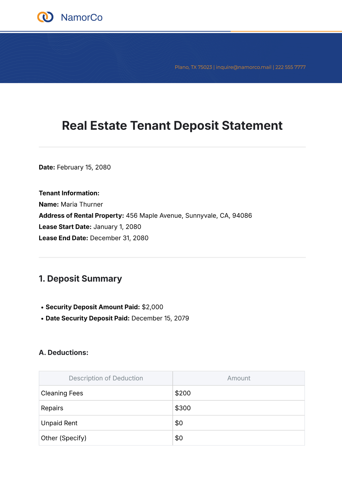 Real Estate Tenant Deposit Statement Template - Edit Online & Download