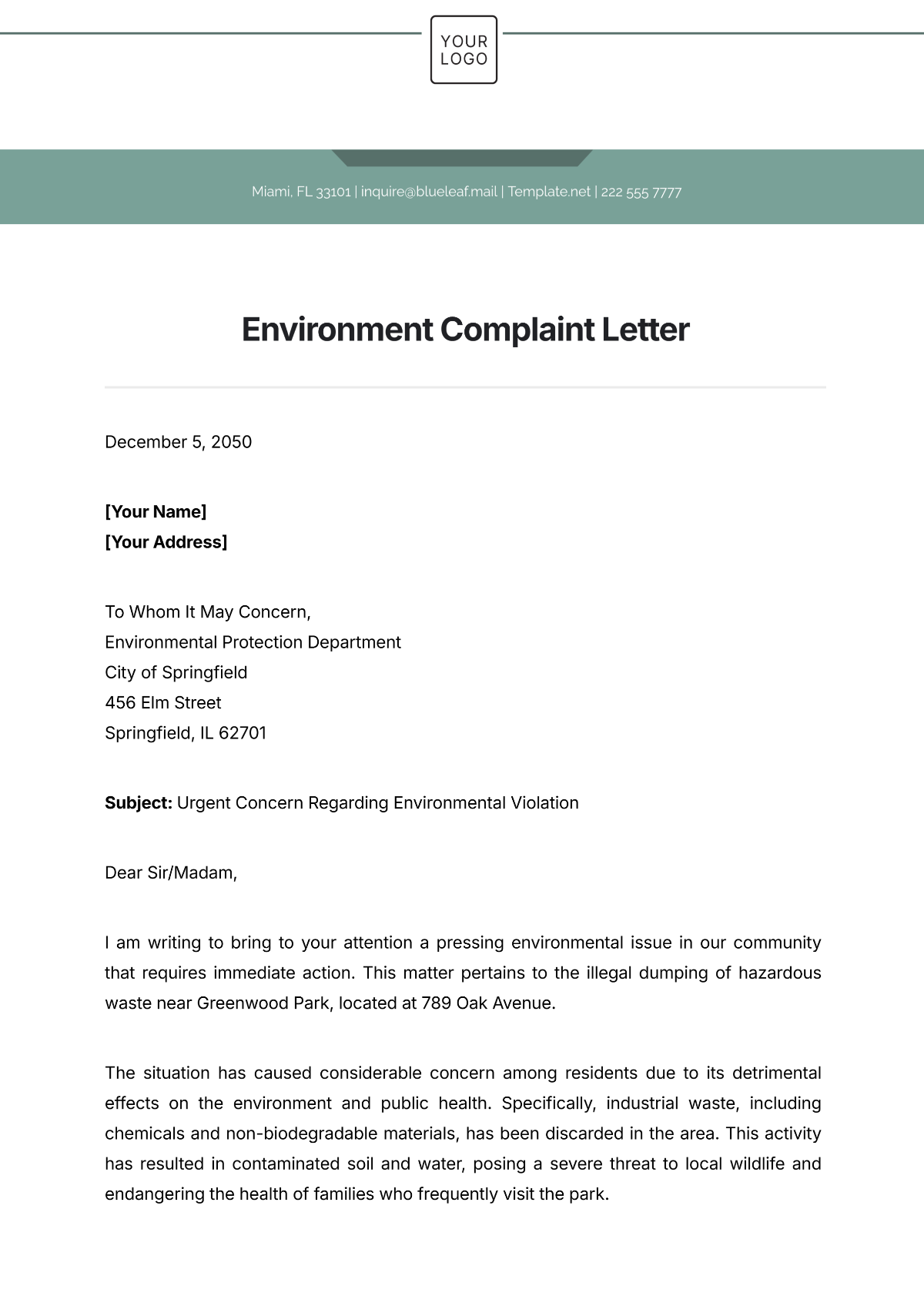 Environment Complaint Letter Template - Edit Online & Download