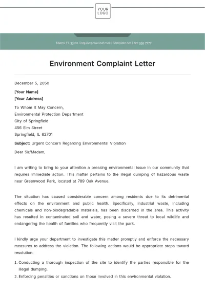 Free Environment Complaint Letter Template to Edit Online
