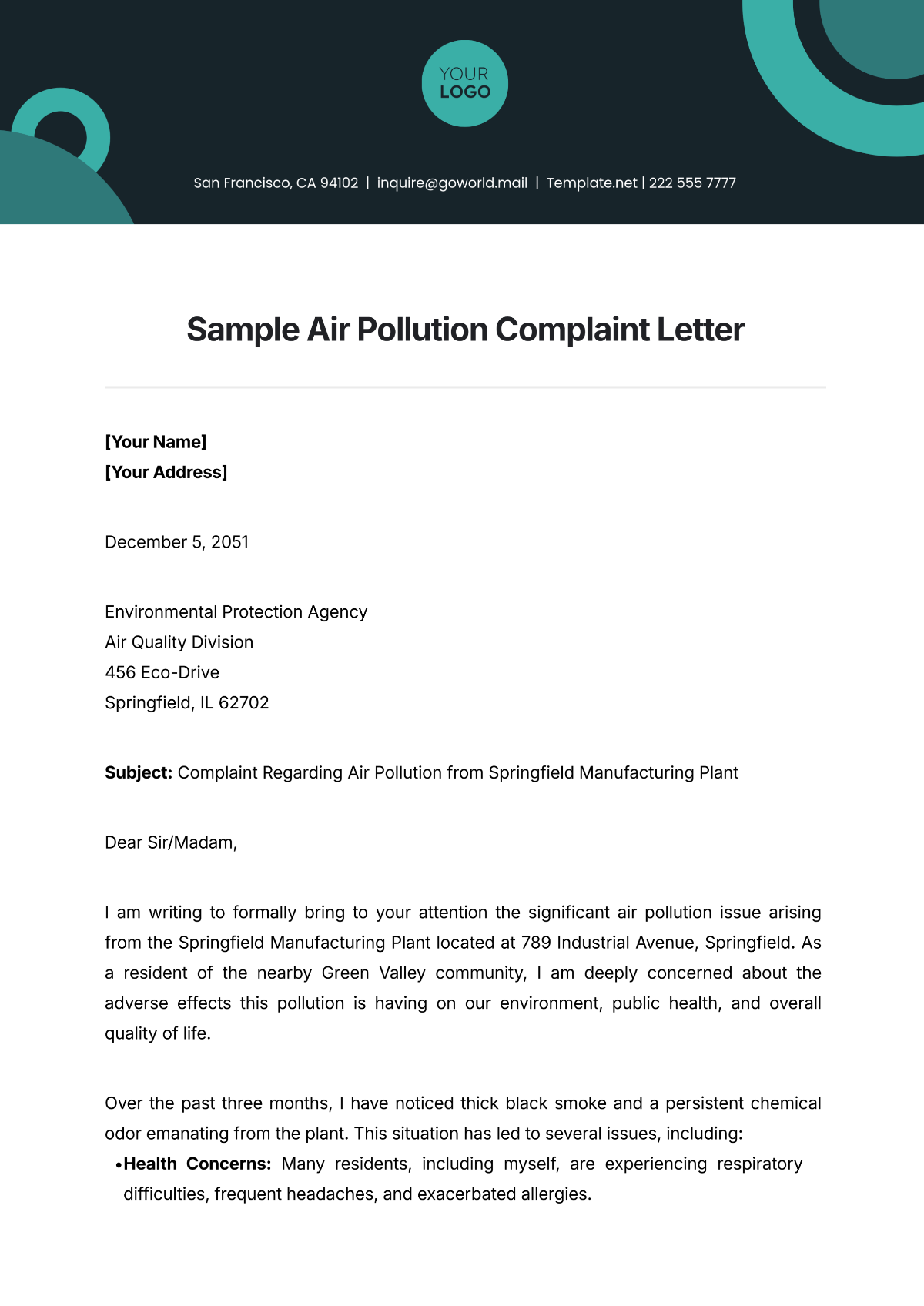 Sample Air Pollution Complaint Letter Template - Edit Online & Download