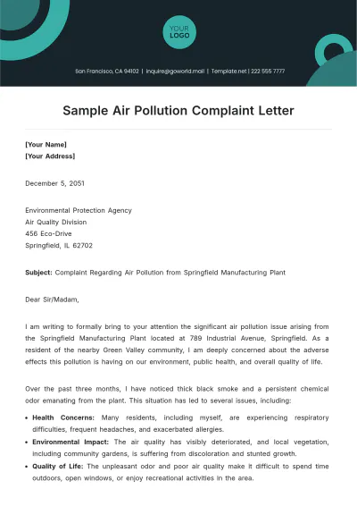 Free Sample Air Pollution Complaint Letter Template to Edit Online