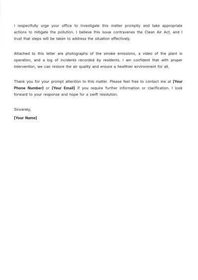 Free Sample Air Pollution Complaint Letter Template to Edit Online