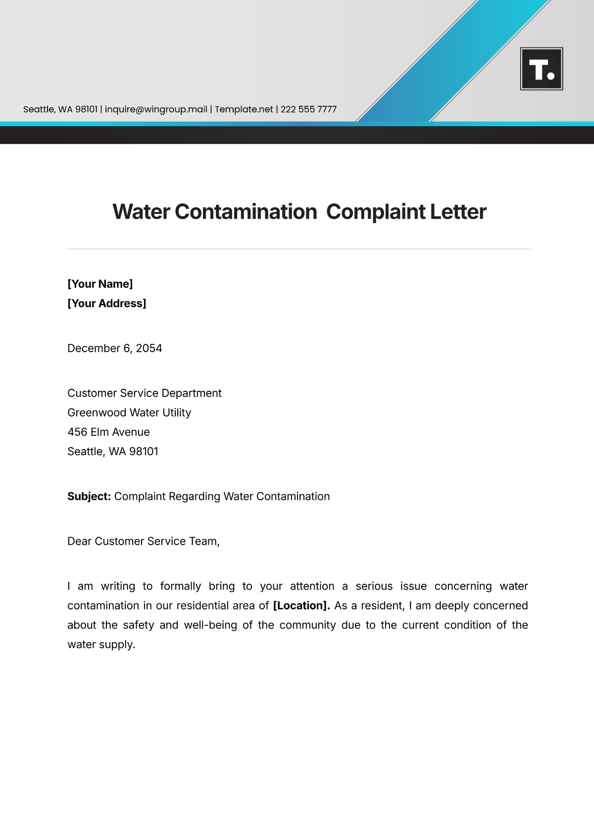 Water Contamination  Complaint Letter Template - Edit Online & Download