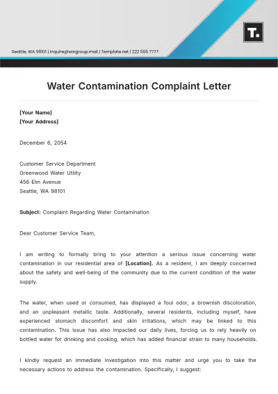 Free Water Contamination  Complaint Letter Template to Edit Online