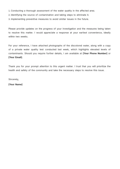 Free Water Contamination  Complaint Letter Template to Edit Online