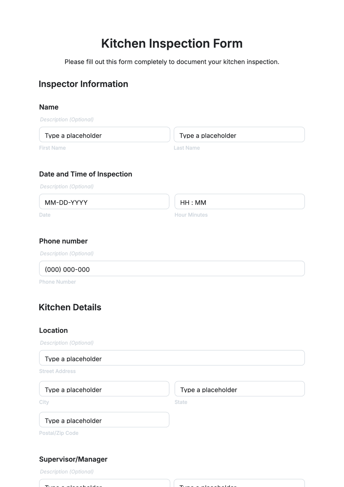 Kitchen Inspection Form Template