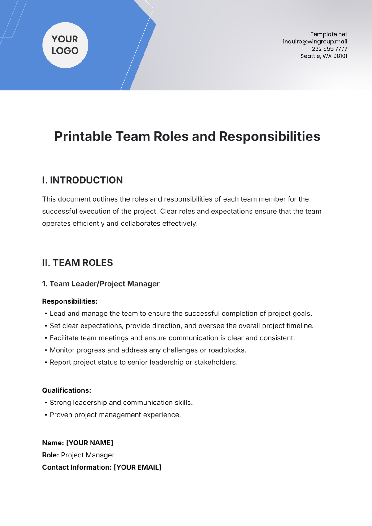 Printable Team Roles and Responsibilities Template - Edit Online & Download