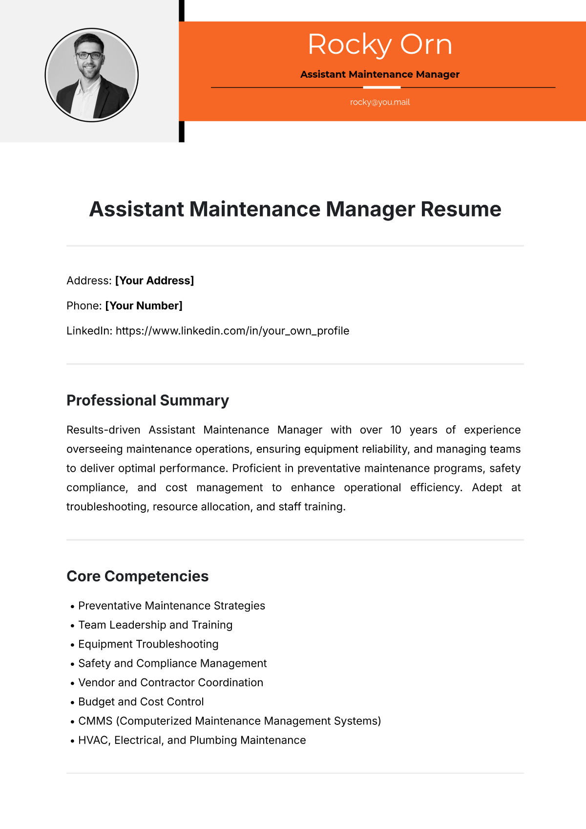 Assistant Maintenance Manager Resume Template - Edit Online & Download