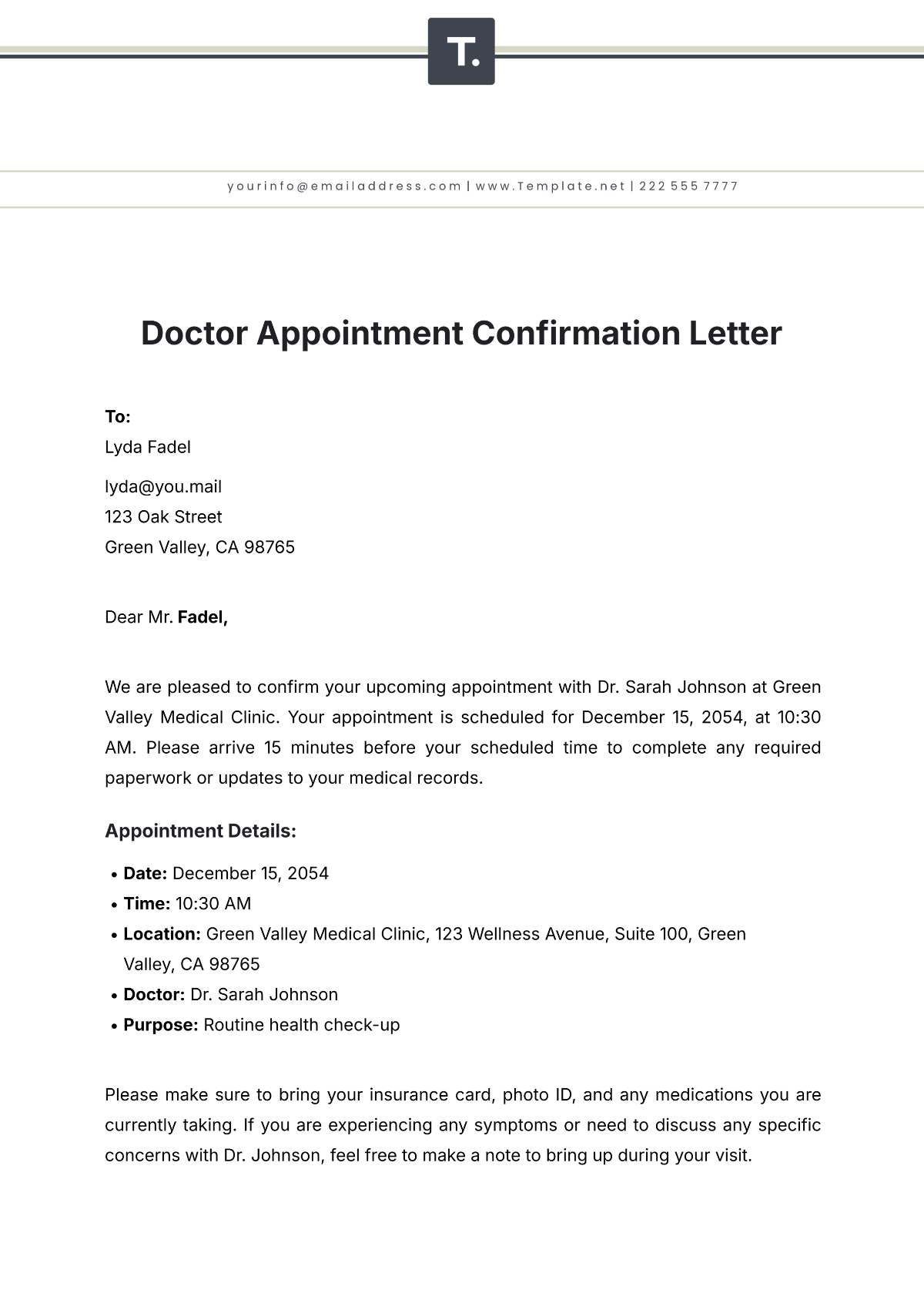 Sample Doctor Appointment Confirmation Letter Template - Edit Online & Download