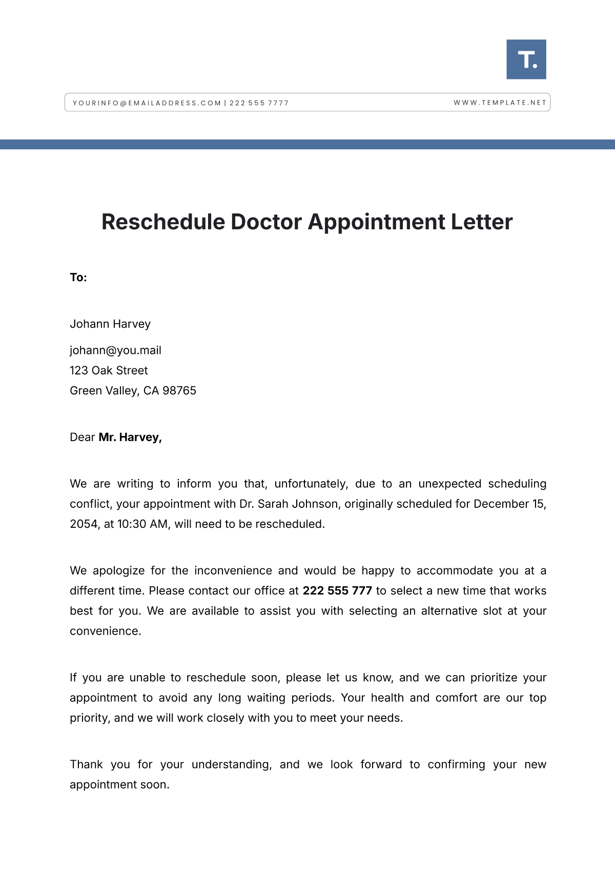 Reschedule Doctor Appointment Letter Template - Edit Online & Download