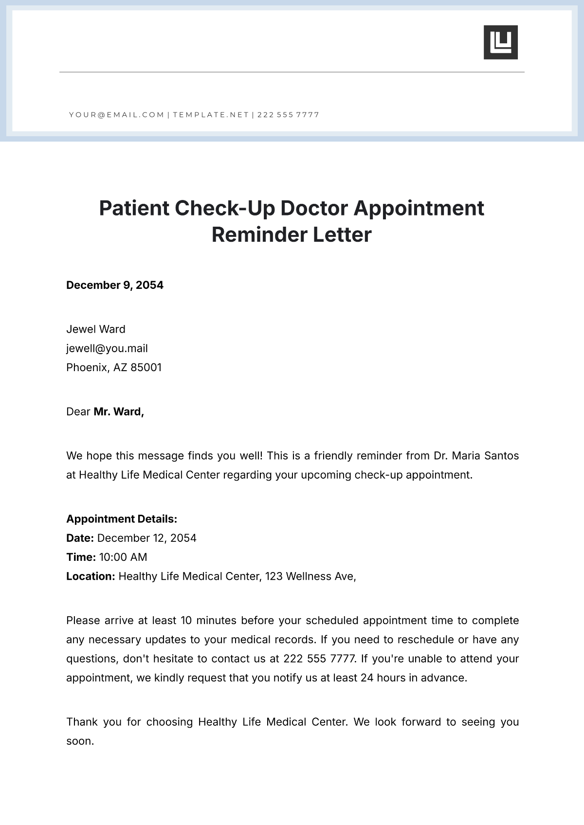 Patient Check-Up Doctor Appointment Reminder Letter Template - Edit Online & Download