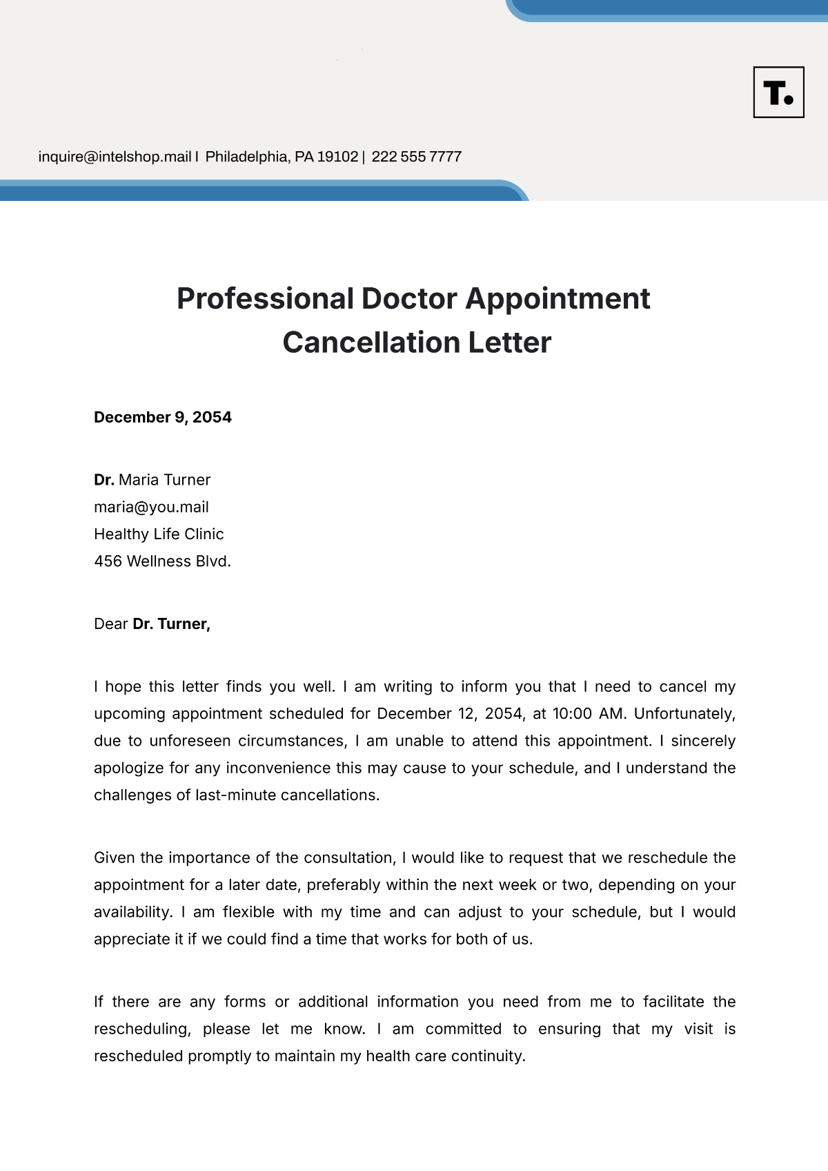 Professional Doctor Appointment Cancellation Letter Template - Edit Online & Download